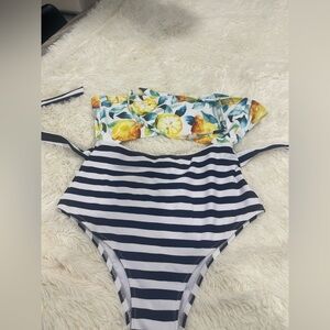 Cupshe Kids Bikini with Lemon Floral and Navy Stripes
